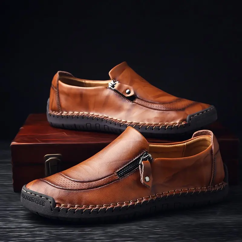 Menico Men Soft Hand Stitching Genuine Leather Side Zipper Slip On Oxfords