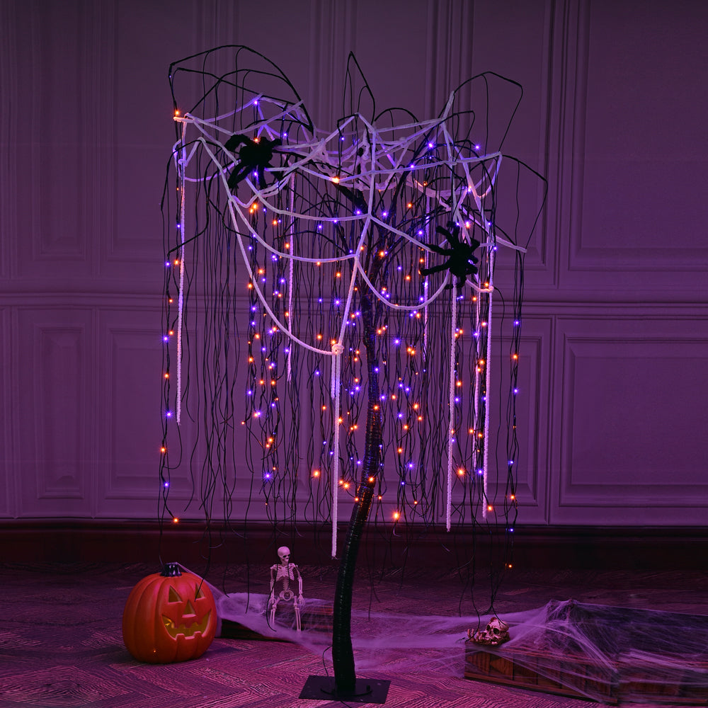 7ft Halloween Tree, 256 LED Lights for Home, Festival, Party, and Christmas Decoration, Includes 2 Spiders and a white cobweb,Indoor Outdoor Use, Orange & Purple-LIGHTSHARE