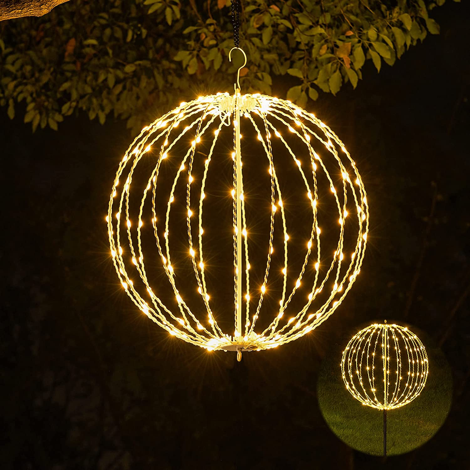 20IN 200LED Light Ball Yard Decoration Pathway Lights Sphere Light with Fold Flat Metal Frame Indoor Outdoor Waterproof Garden Lights