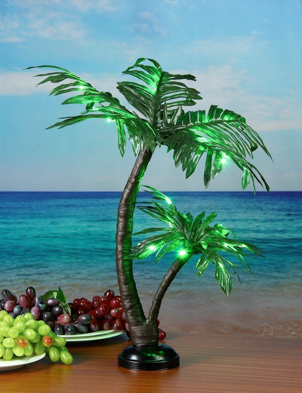24IN Twins Palm Tree Bonsai 25 LED Lights, Battery Powered & Plug-in Adapter (Included), Built-in Timer, Green Light-LIGHTSHARE