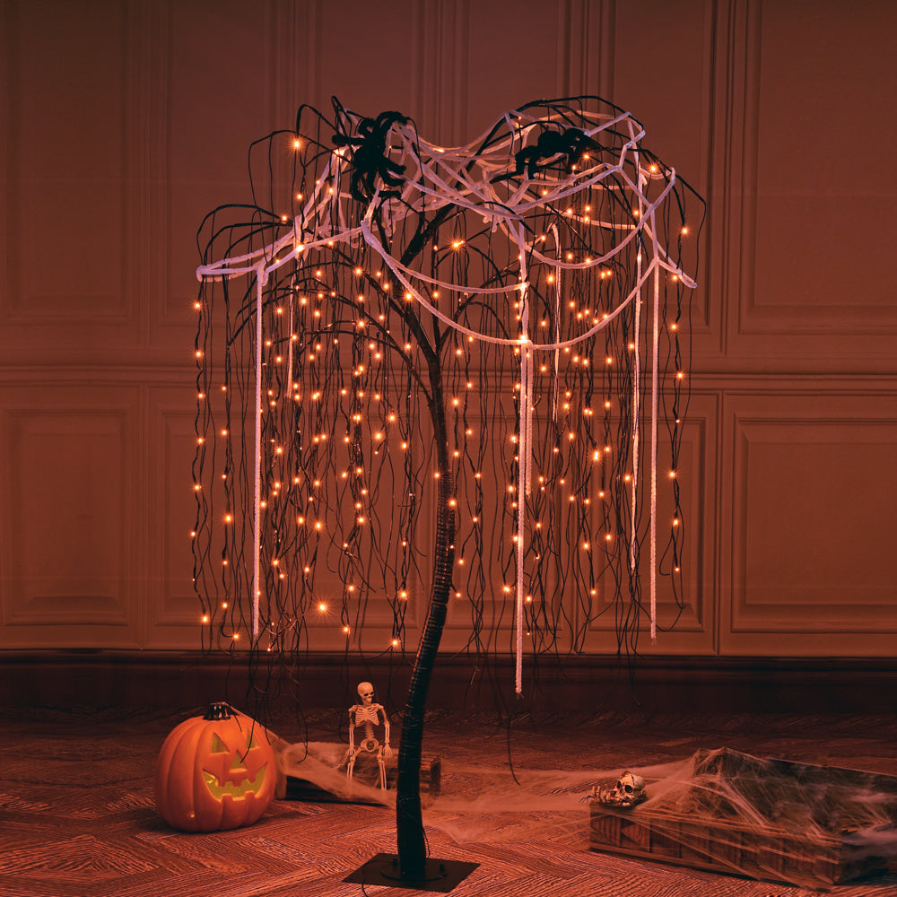 7ft Halloween Tree, 256 LED Lights for Home, Festival, Party, and Christmas Decoration, Includes 2 Spiders and a white cobweb,Indoor Outdoor Use, Orange-LIGHTSHARE