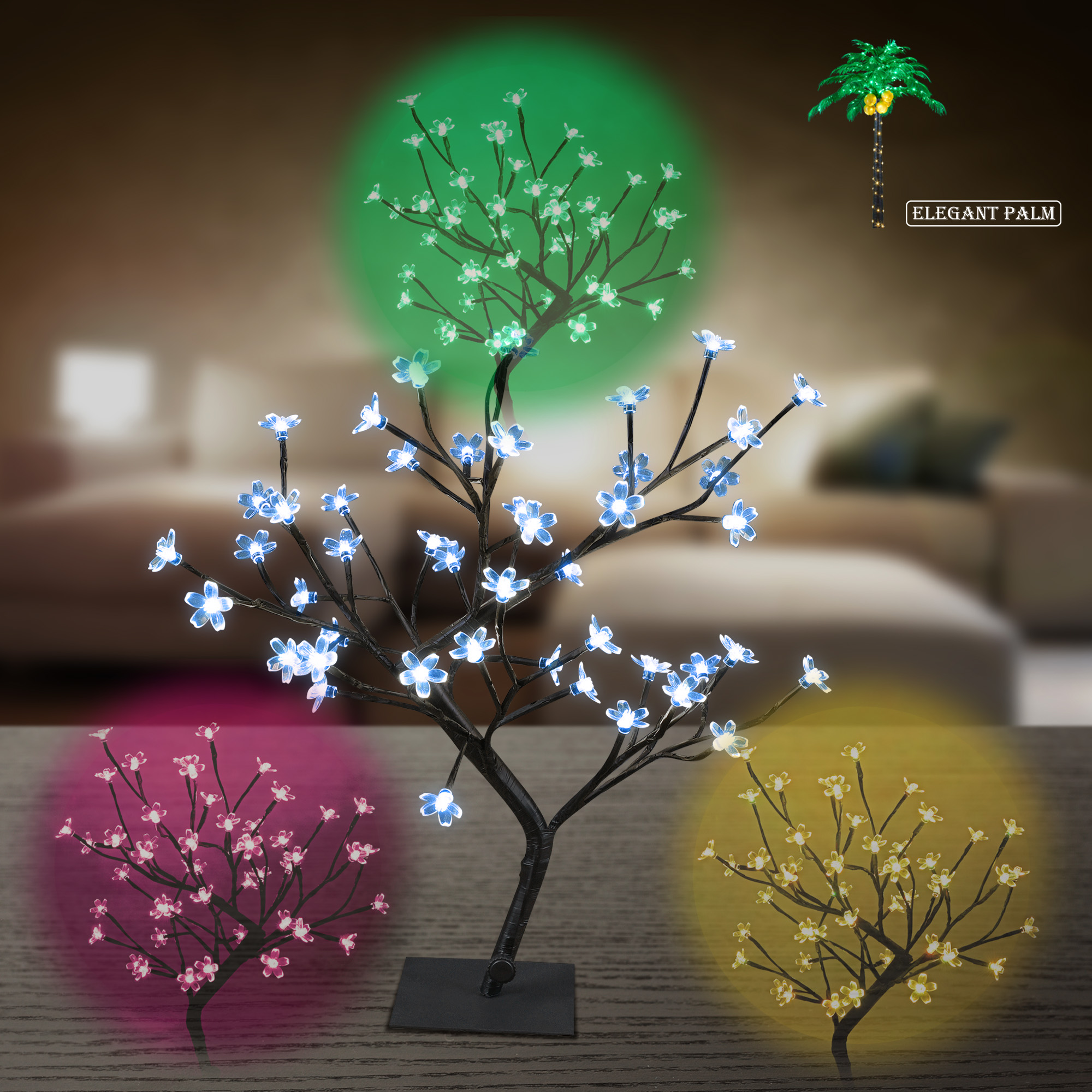 ELEGANT PALM 18IN Cherry Blossom Tree Lamp with 48 LED and 16 Color Modes Remote Control, Adapter Plug in, UL Listed, RGB