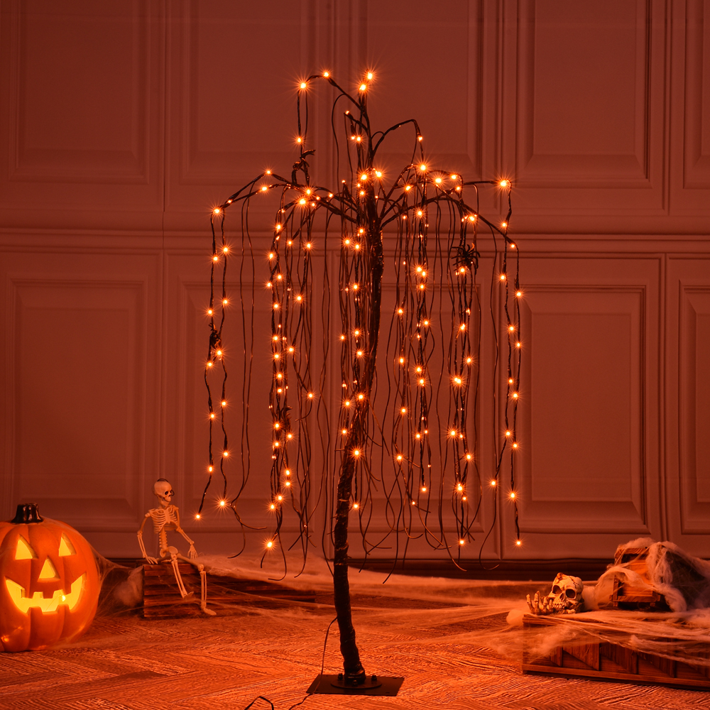 4ft Halloween Tree, 160 LED Lights, Set of 2 with 8 Spiders for Home, Festival, Party, and Christmas Decoration, Indoor and Outdoor Use, Orange