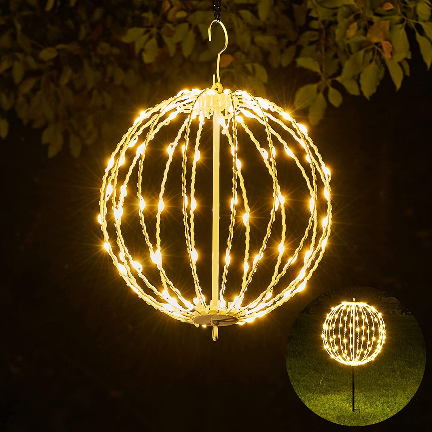 16IN 128LED Light Ball Yard Decoration Pathway Lights Sphere Light with Fold Flat Metal Frame Indoor Outdoor Waterproof Garden Lights