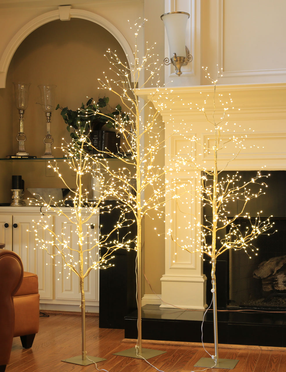 Set of 3 Micro LED Angel Lights Tree, 4ft, 5ft, and 6ft, Golden Finish, Warm White-LIGHTSHARE
