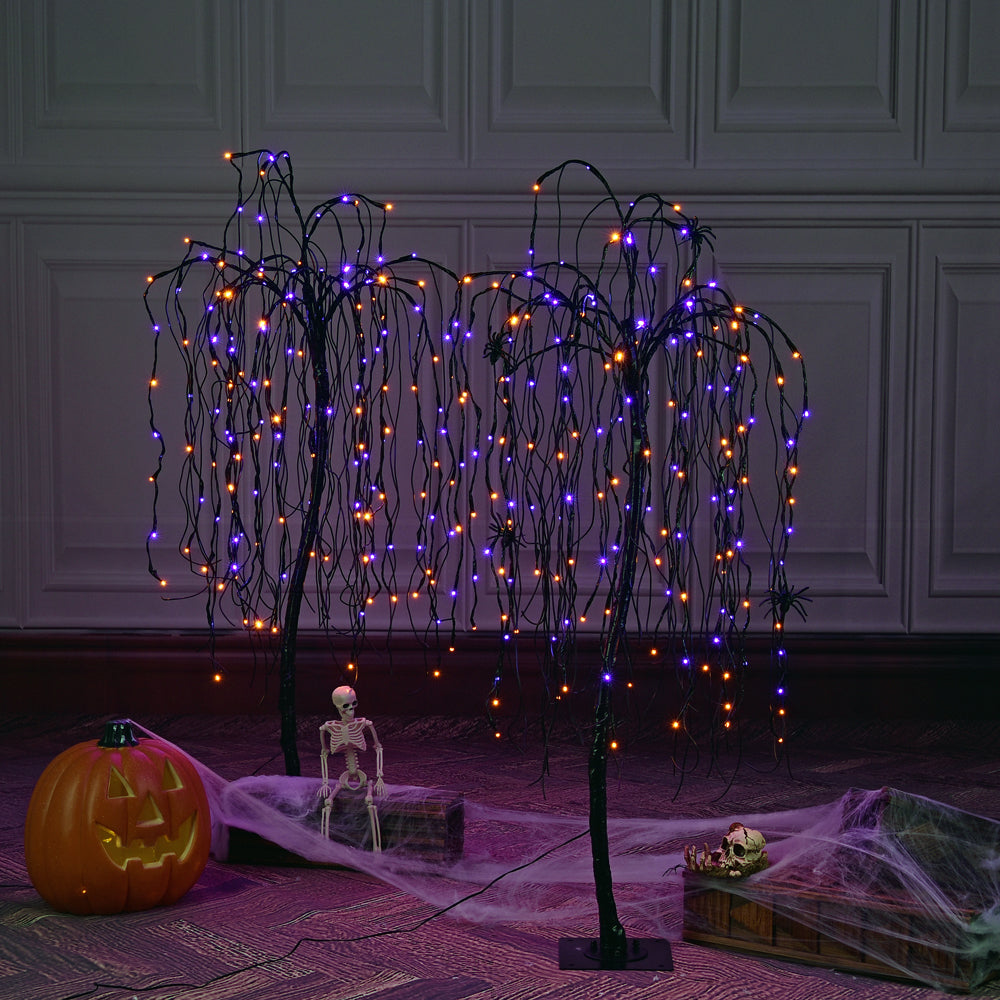 4ft Halloween Tree, 160 LED Lights, Set of 2 with 8 Spiders for Home, Festival, Party, and Christmas Decoration, Indoor and Outdoor Use, Orange & Purple-LIGHTSHARE