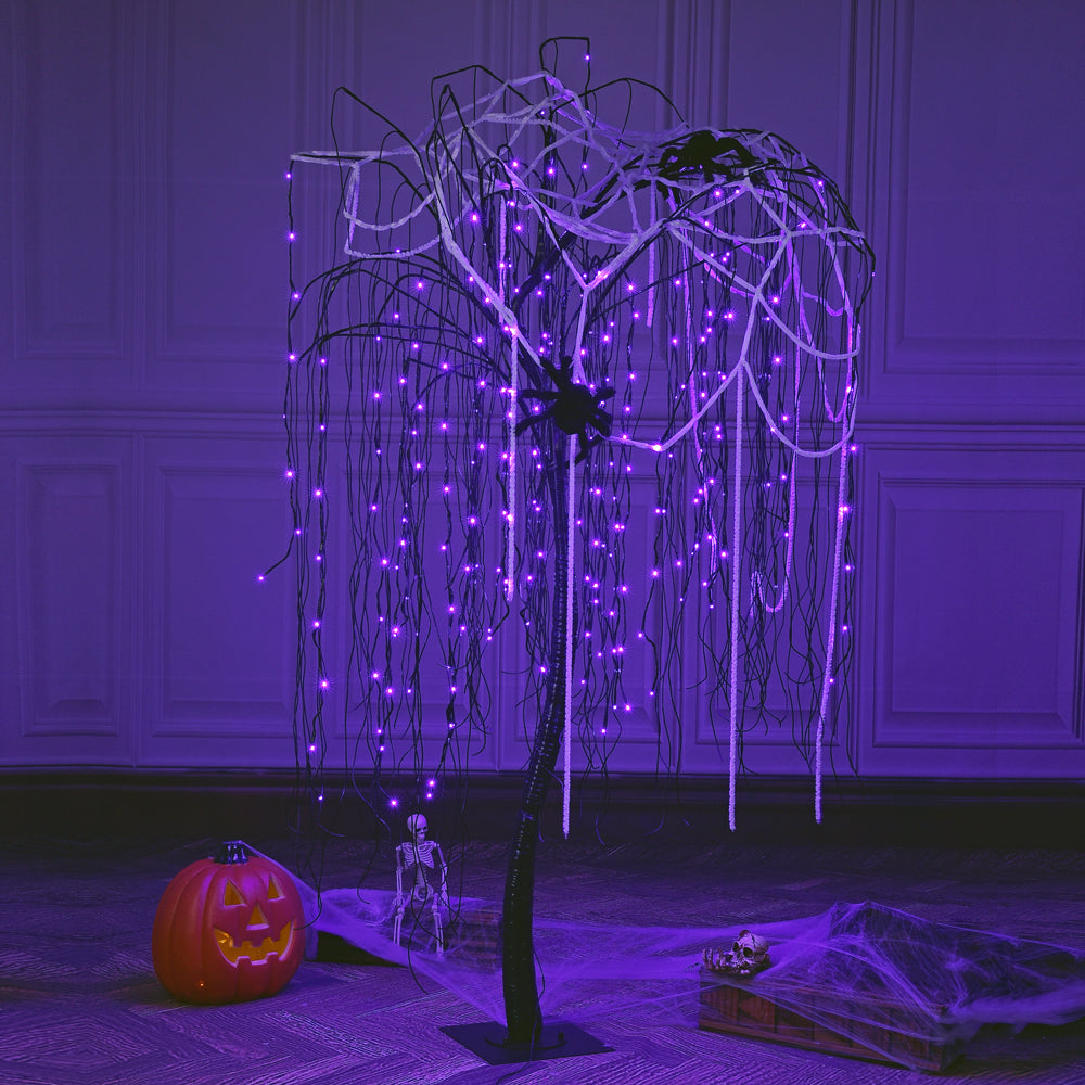 7ft Halloween Tree, 256 LED Lights for Home, Festival, Party, and Christmas Decoration, Includes 2 Spiders and a white cobweb,Indoor Outdoor Use, Purple-LIGHTSHARE