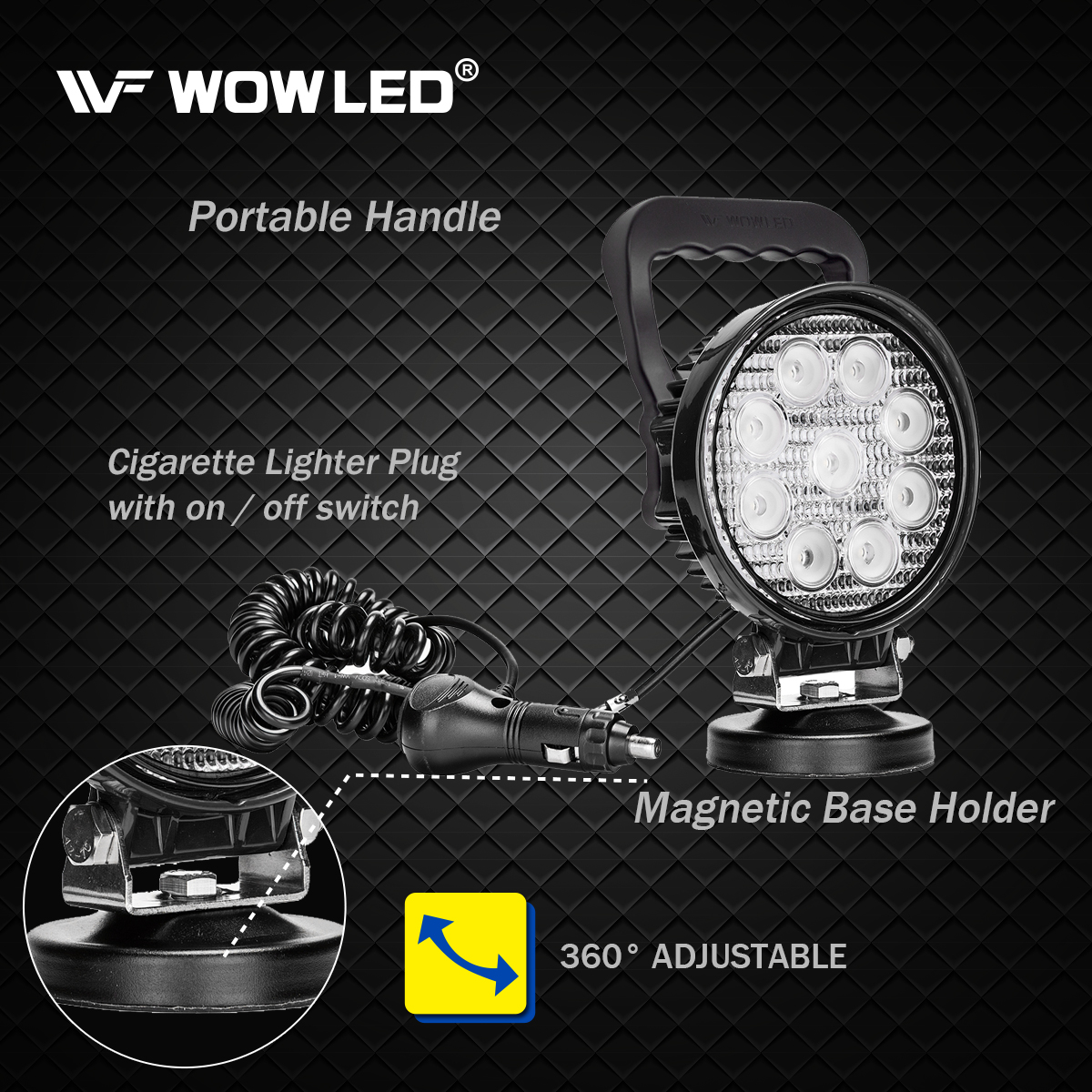 WOWLED 12V 24V 27W Round Magnetic Base LED Work Light Floodlight Offroad Driving Work Lamp Bar Flood Beam Fog Light for Car Truck Boat 4X4 IP67 Camping Light Lamp