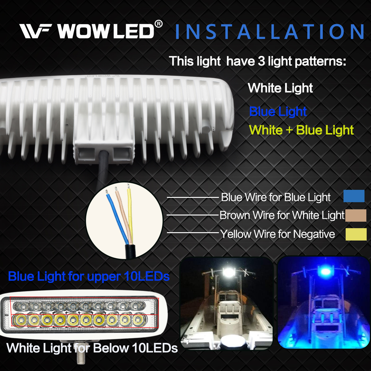 WOWLED LED Marine Boat Lights, 6.3Inch White & Blue Spreader 2 In 1 Deck Spot Light IP67 Waterproof Double Row T-Top Dock Fog Spotlights for Pontoon Boat Fishing Accessories Truck 12V 24V (2 Pack )