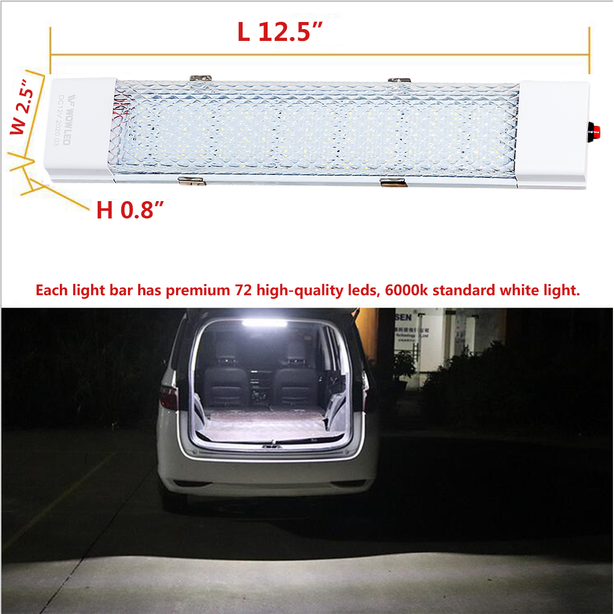 WOWLED 12V 72LED Interior Lights 2 Pack, 10W LED RV Ceiling Roof Light Bar Lamp with On/Off Switch, LED Interior Lighting Car Camper Van SUV ATV Boat Dome Lights