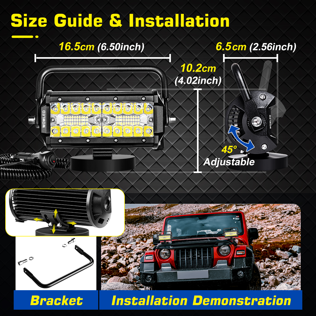WOWLED Magnetic LED Work Light Bar, 7 Inch 120W LED Combo Beam Light Pod with Magnetic Base Mount, Portable LED Light Flood and Spot for Camping Car SUV Boat Bar Truck Driving Lamp Fog Lights