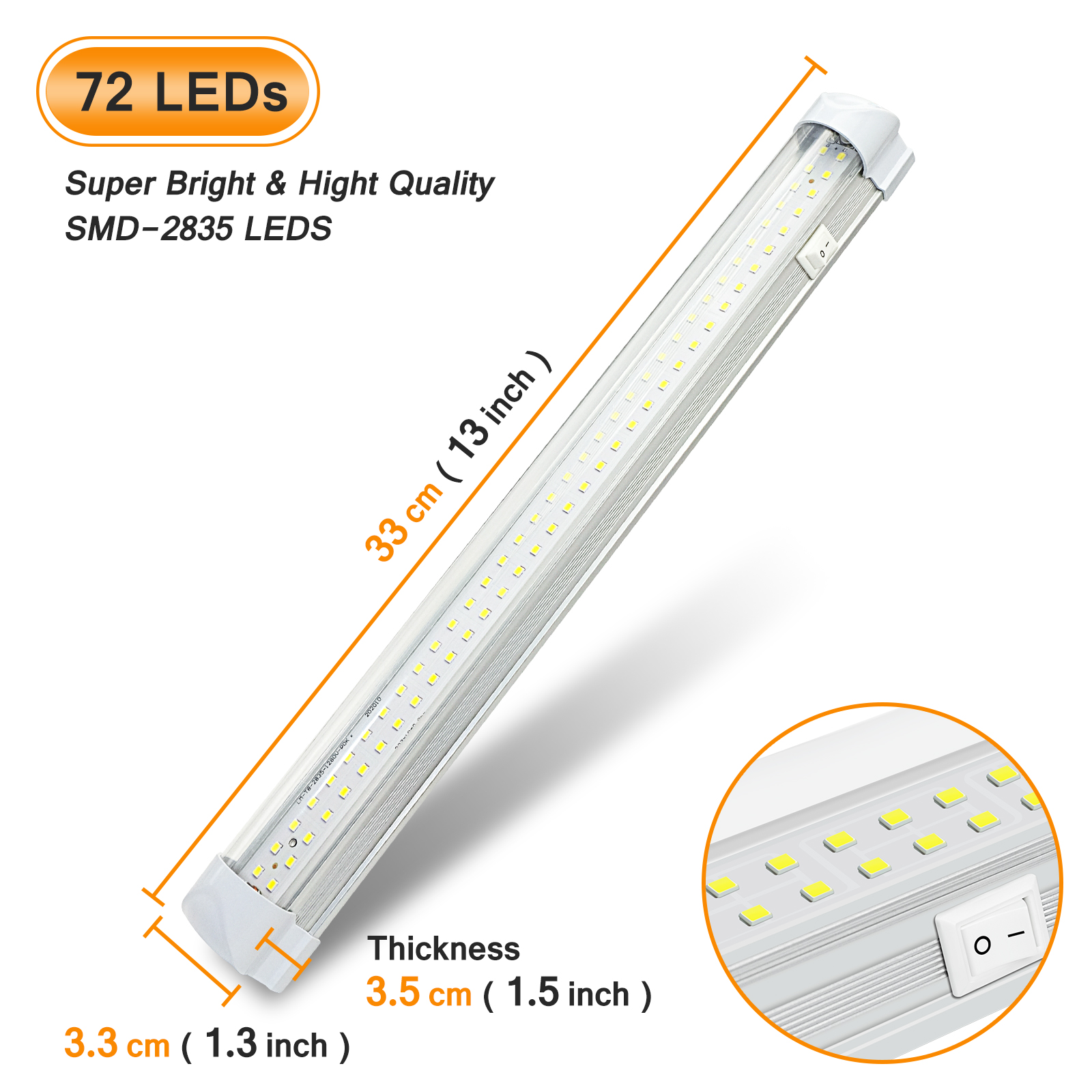 WOWLED 12V LED Interior Van Light Bar, 10W 72LEDs RV Ceiling Lights Strip Lamp with On/Off Switch, LED Interior Lighting for Car Camper Van Bus Caravan Boat Dome Light Motorhome Kitchen (4Pack)