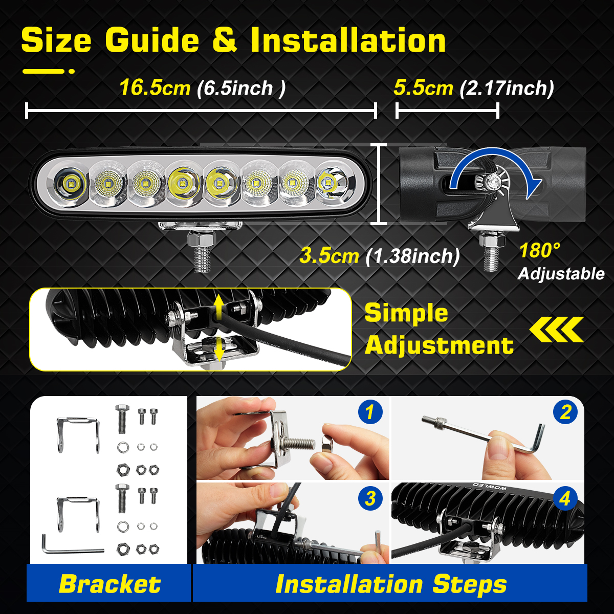 WOWLED Upgraded Light Bars 4x4, 2 Pack 6.5 inch Flood Spot Combo LED Light Bar 12v spot lights, 8600LMS 12V 24V Super Bright led car spot lights 4x4 for Jeep Tractor Truck Boat Off-Road led light