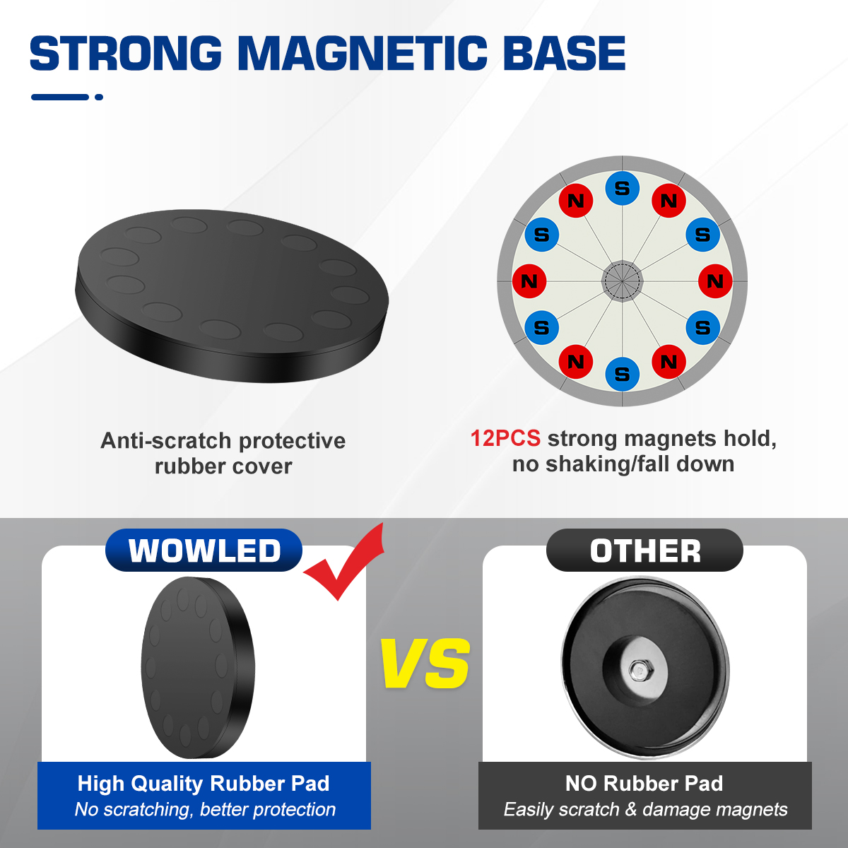 WOWLED 2 Pcs Magnetic Light Bar Mount, Magnetic Work Light Base, Powerful Magnet Mounting Brackets Holder with Rubber Pad for Off-road Driving Lamp, Curved LED Light Bar, Emergency Light