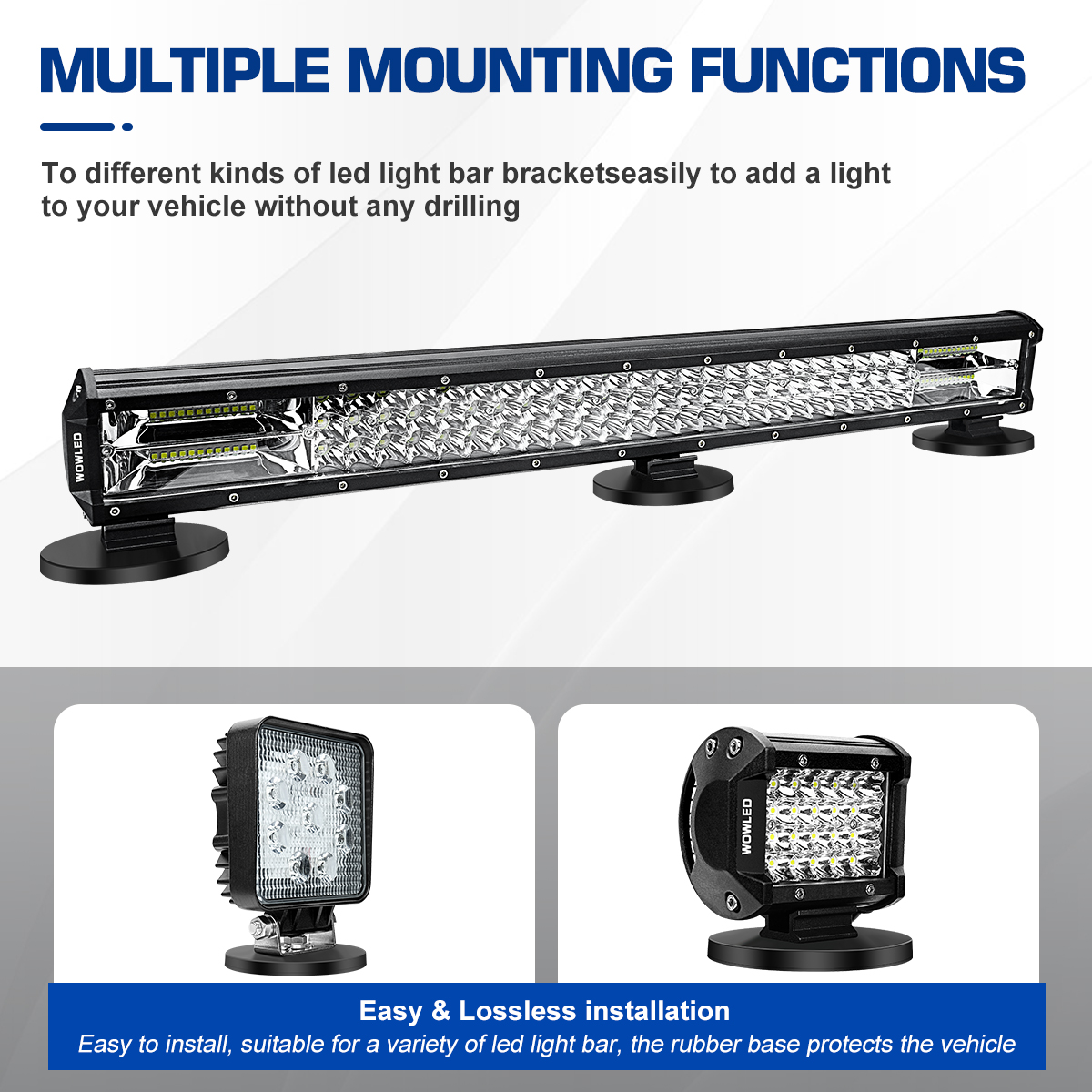 WOWLED 2 Pcs Magnetic Light Bar Mount, Magnetic Work Light Base, Powerful Magnet Mounting Brackets Holder with Rubber Pad for Off-road Driving Lamp, Curved LED Light Bar, Emergency Light