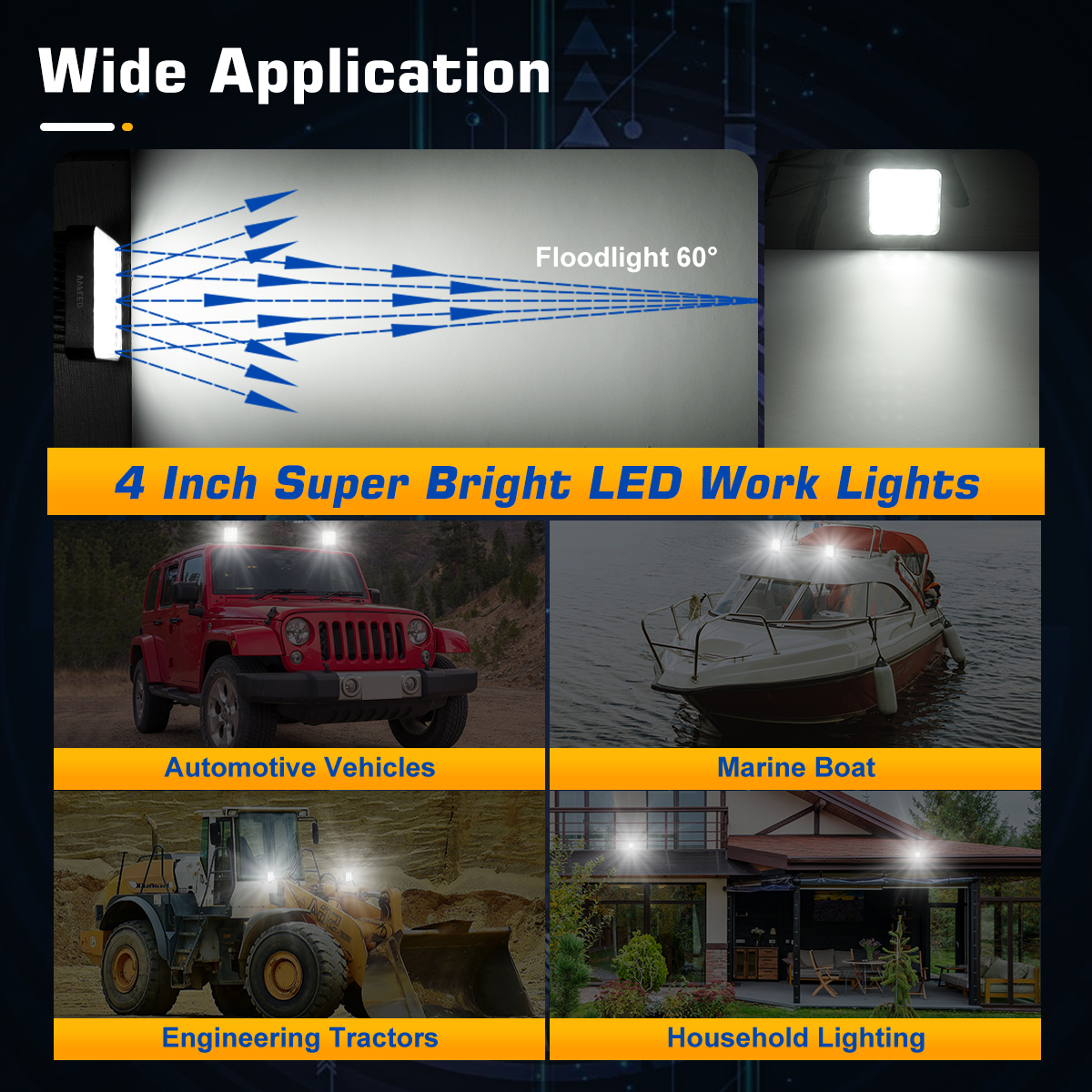 VVFLED 4 inch 48W LED Work Light 4x4, 2 Pack Square Flood Beam Led Pods, Waterproof LED Light Bar Offroad Driving Lights for Car ATV Truck Tractor