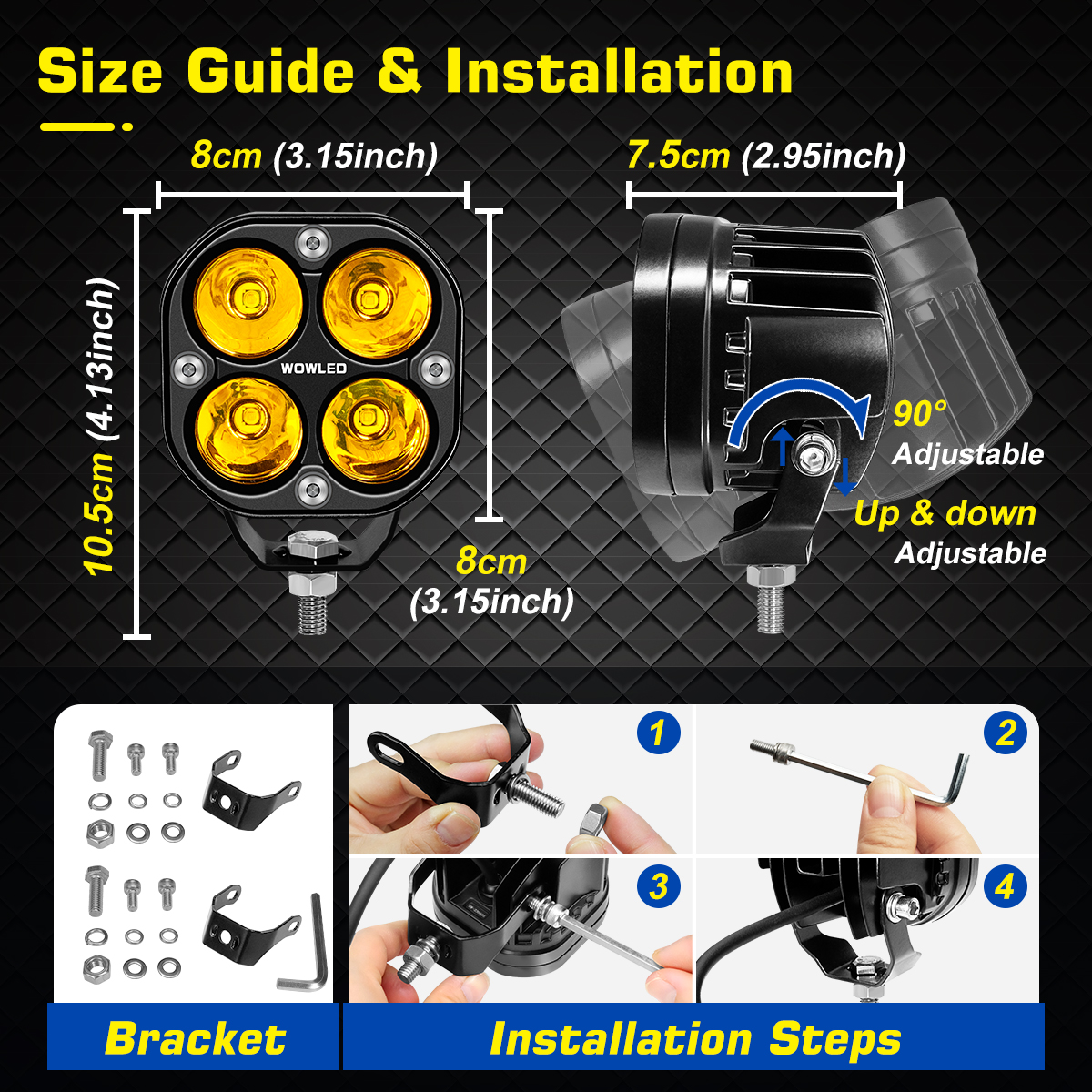WOWLED 2Pcs Cube Amber led pods, 3.2 inch Spot Yellow Ditch lights for Off Road Driving Lights Pod Amber Fog Lights 4X4, Tractor Amber LED Lights Bar Lamp for Trucks SUV UTV ATV Marine Boat 12V 24V