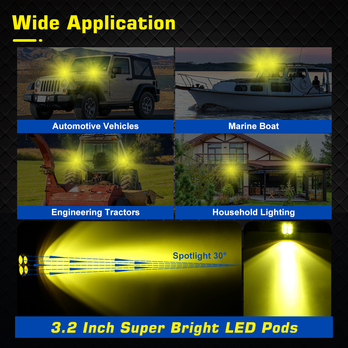 WOWLED 2Pcs Cube Amber led pods, 3.2 inch Spot Yellow Ditch lights for Off Road Driving Lights Pod Amber Fog Lights 4X4, Tractor Amber LED Lights Bar Lamp for Trucks SUV UTV ATV Marine Boat 12V 24V