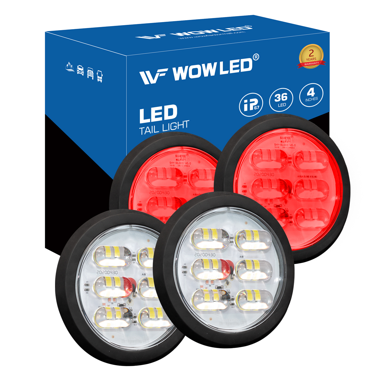 WFPOWER 4 Inch Round LED Trailer Tail Light, 4 Pack LED Stop Turn Tail Back-up Reverse Fog Lights with rubber Grommet, IP67 36LEDs Park Turn Lights for Trailer RV Trucks 12V 24V (2 Red + 2 White)