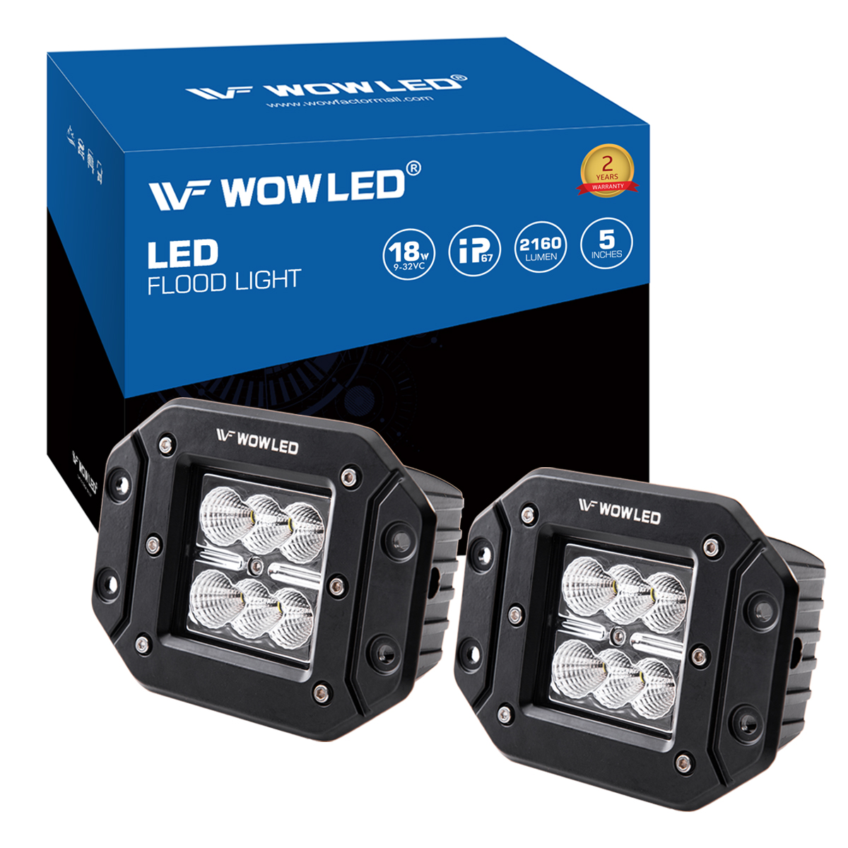 WOWLED Flush Mount LED Work Light Pods, 2 Pcs 5" 18W LED Driving Work Lights Flush Mount Design LED Light Bar Super Bright Backup Off Road Fog Lights for Car Truck SUV Boat Camping Light 4X4 12V