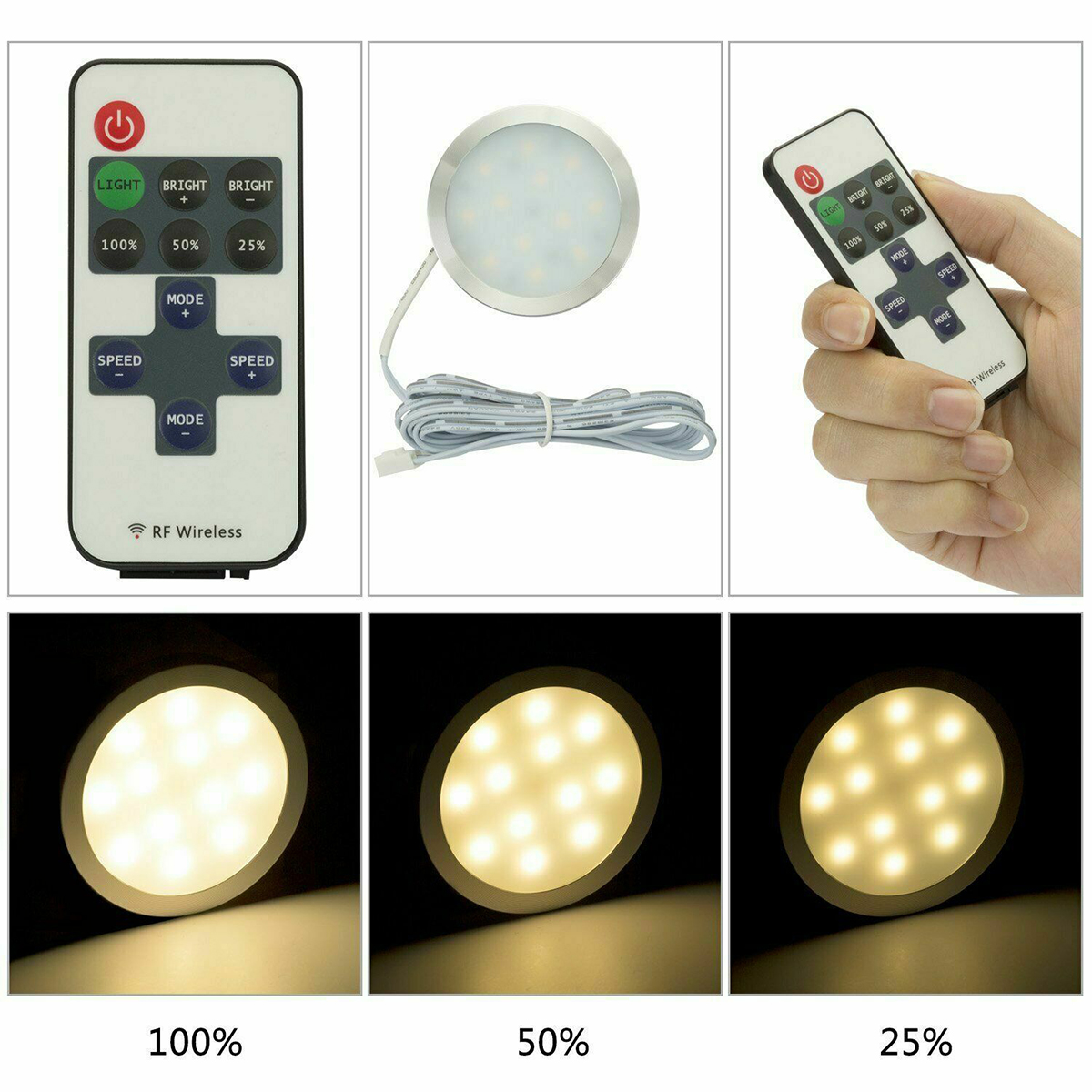 WOWLED Warm White Under Cabinet Lighting, Interior Car Lights, Dimmable 3W RV Interior Lights with Wireless RF Remote, Car accessories for Boat Motorhome, Van Camper, Caravan, Yachts (12V, 4Pack )