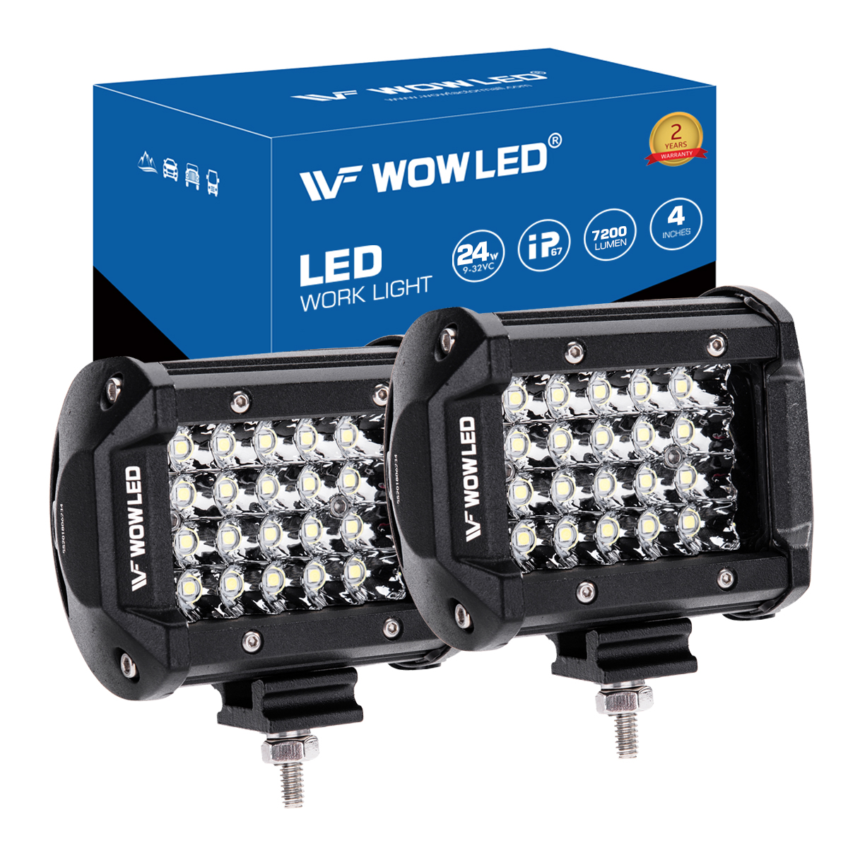 WOWLED Offroad 4 Inch Quad Row LED Pods 2 Pack, 7200LM Spot Beam 4 Rows LED Light Bar Off Road Work Light Driving Fog Lamps Car ATV UTE Truck Bar Lamp Camp Light 12V 24V DC 4X4