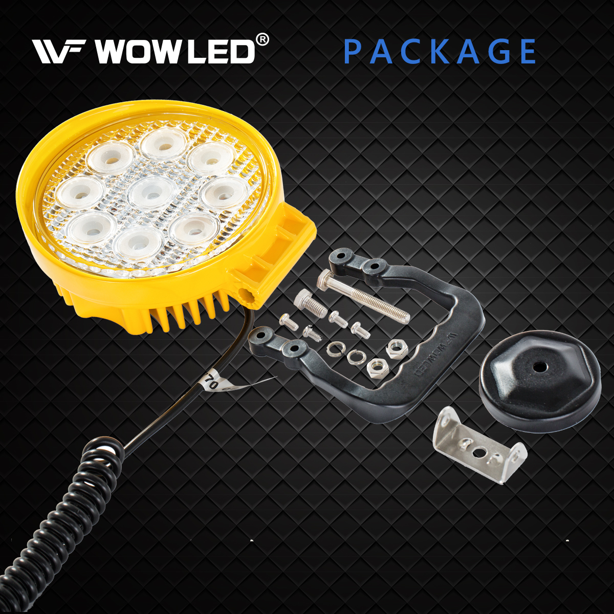 WOWLED Magnetic LED Light Bar with Base, Cigarette Lighter Powered Work Light, 27W Portable Flood Beam Lamp for Truck Tractor Trailer Car Off-Road Boat Engineering Vehicle Maintenance Camping, Round