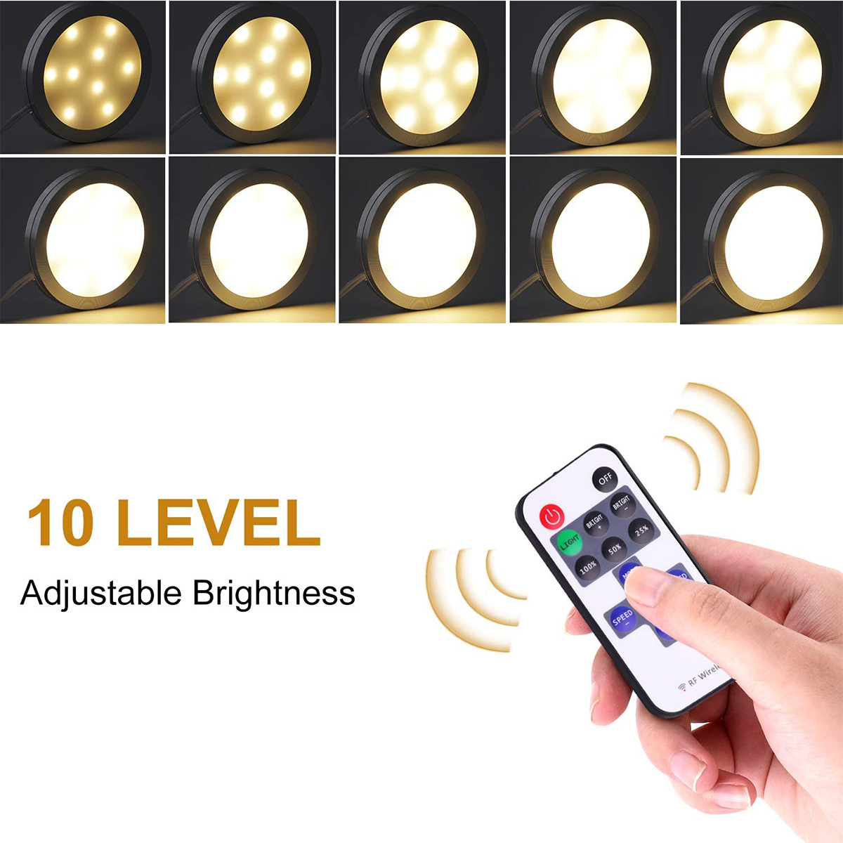 WOWLED 6 Pack 12V LED Dimmable Puck Lights, Linkable Under Cabinet Lighting with Wireless RF Remote and Power Adapter, Book Case, Under Counter, All Accessories Included (3000K Warm White)