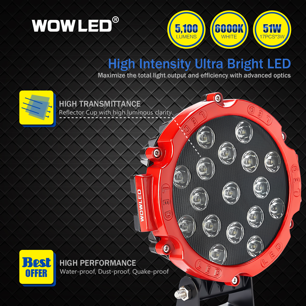 WOWLED Work Lights, 2 Pcs 51W Round LED Work Light Red LED Driving Light Spot Beam Work Lamp for Offroad Driving SUV 4WD 4X4 ATV Truck Boat Car Camp