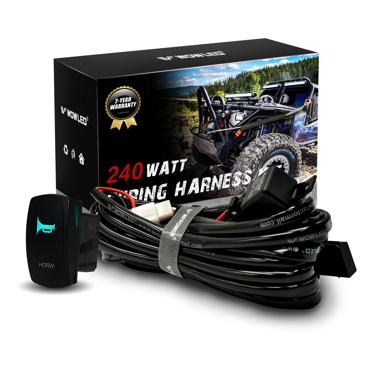 WOWLED 2 leads Truck Car Boat Horn Wiring Relay Kit with Laser Horn Rocker Switch, Green LED Illuminated Backlit + On/Off Toggle Switch, Relay Wiring Harness Kit for SUV ATV UTE 4X4 12V/24V Green