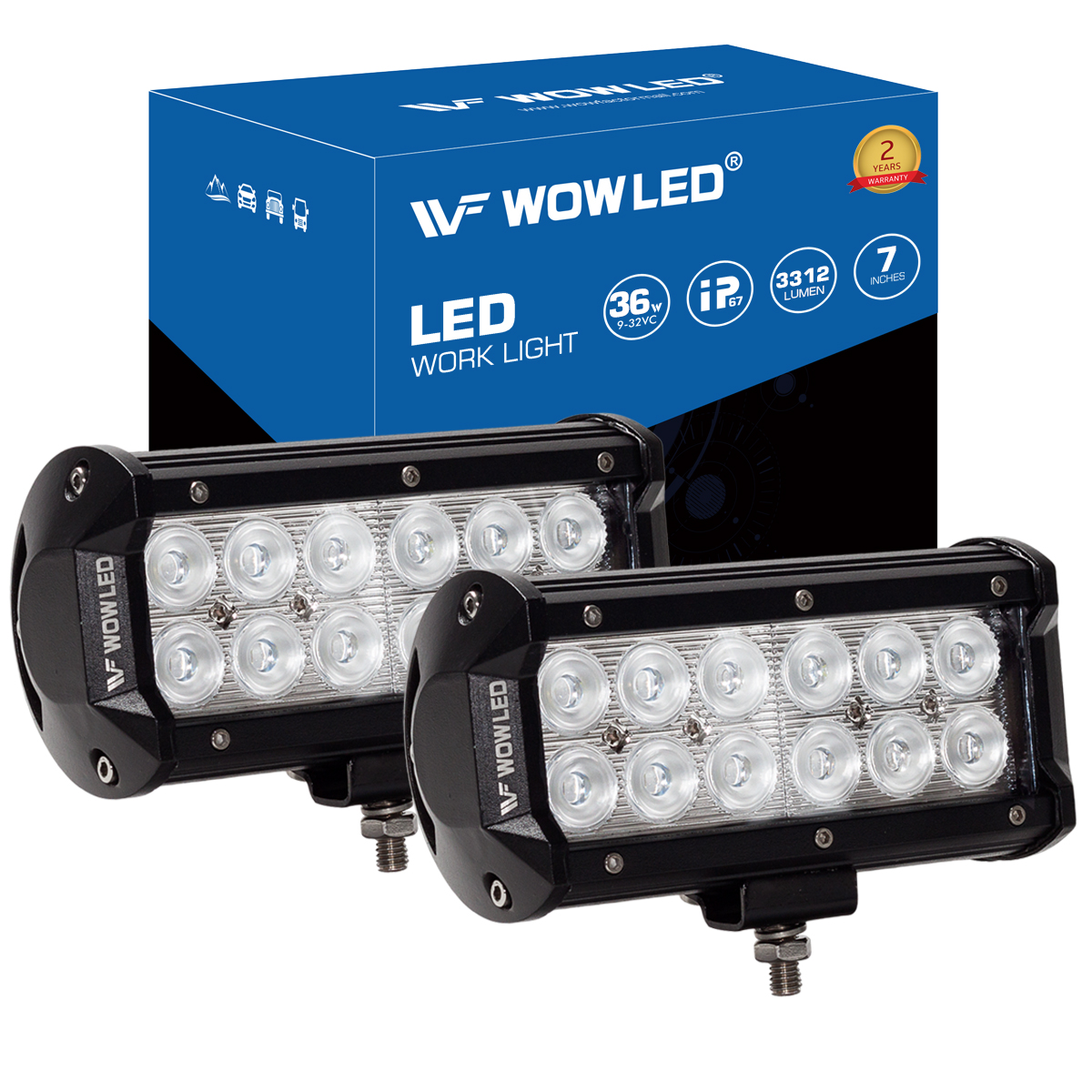 WOWLED 2 Pack 36W LED Light Bar 7 Inch LED Lights Bar Lamp Light Floodlight Driving Work Light Offroad Fog Light Lamp Camping Light Truck Car UTE 4WD