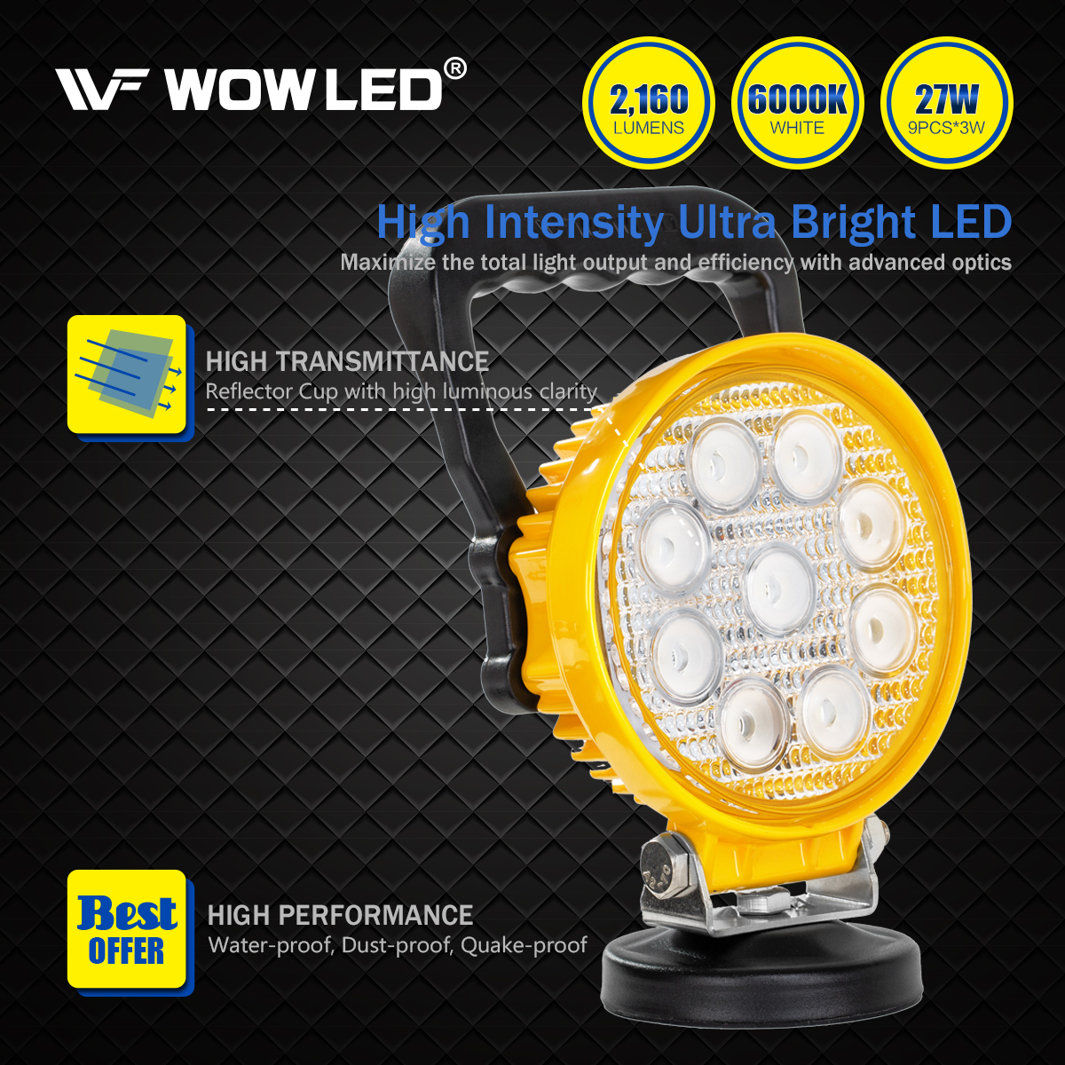 WOWLED Magnetic LED Light Bar with Base, Cigarette Lighter Powered Work Light, 27W Portable Flood Beam Lamp for Truck Tractor Trailer Car Off-Road Boat Engineering Vehicle Maintenance Camping, Round