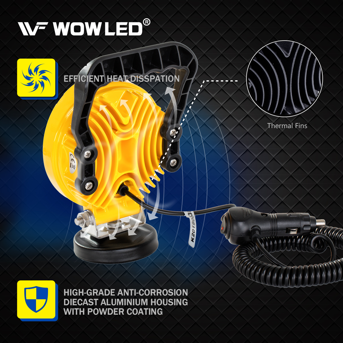 WOWLED Magnetic LED Light Bar with Base, Cigarette Lighter Powered Work Light, 27W Portable Flood Beam Lamp for Truck Tractor Trailer Car Off-Road Boat Engineering Vehicle Maintenance Camping, Round