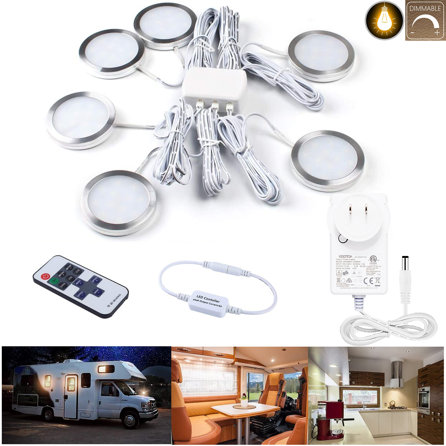 WOWLED 6 Pack 12V LED Dimmable Puck Lights, Linkable Under Cabinet Lighting with Wireless RF Remote and Power Adapter, Book Case, Under Counter, All Accessories Included (3000K Warm White)