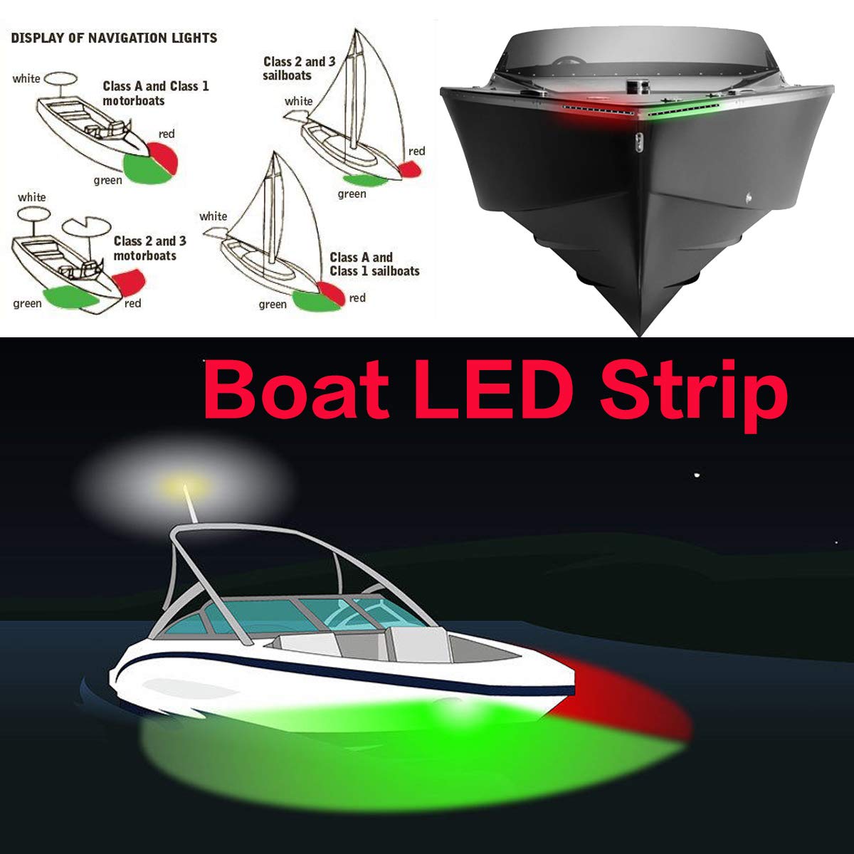 WOWLED Navigation Boat Lights, LED Boat Bow Lights for Marine Pontoon Kayak Yacht, 12V Power Light Strip Kit - Red and Green 