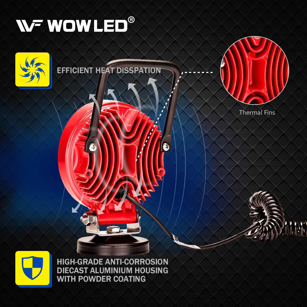 WOWLED 12V 24V 27W Red Round Magnetic Base LED Work Light Floodlight Offroad Driving Work Lamp Bar Flood Beam FogLight for Car Truck Boat 4X4 Camping Light Lamp