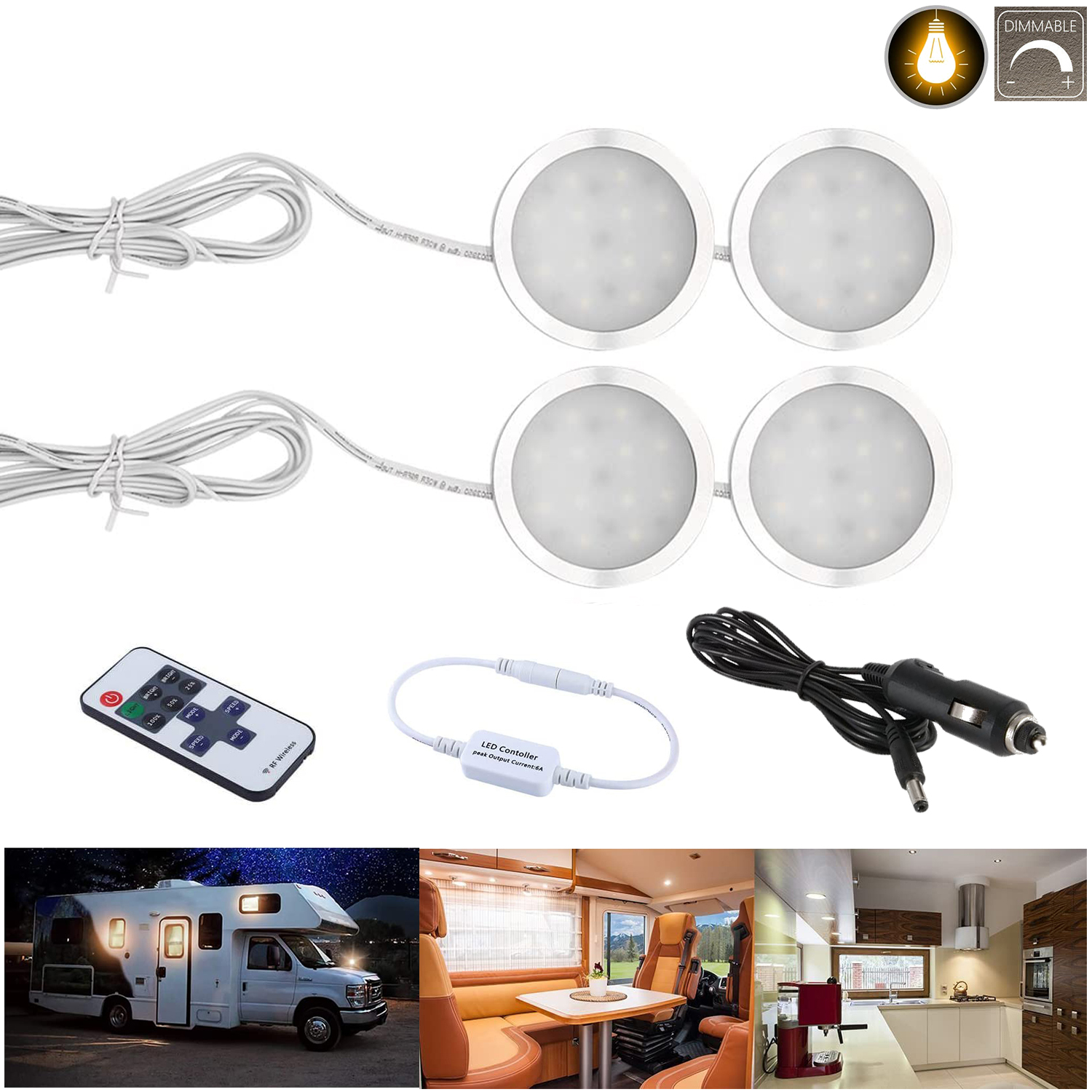 WOWLED Warm White Under Cabinet Lighting, Interior Car Lights, Dimmable 3W RV Interior Lights with Wireless RF Remote, Car accessories for Boat Motorhome, Van Camper, Caravan, Yachts (12V, 4Pack )