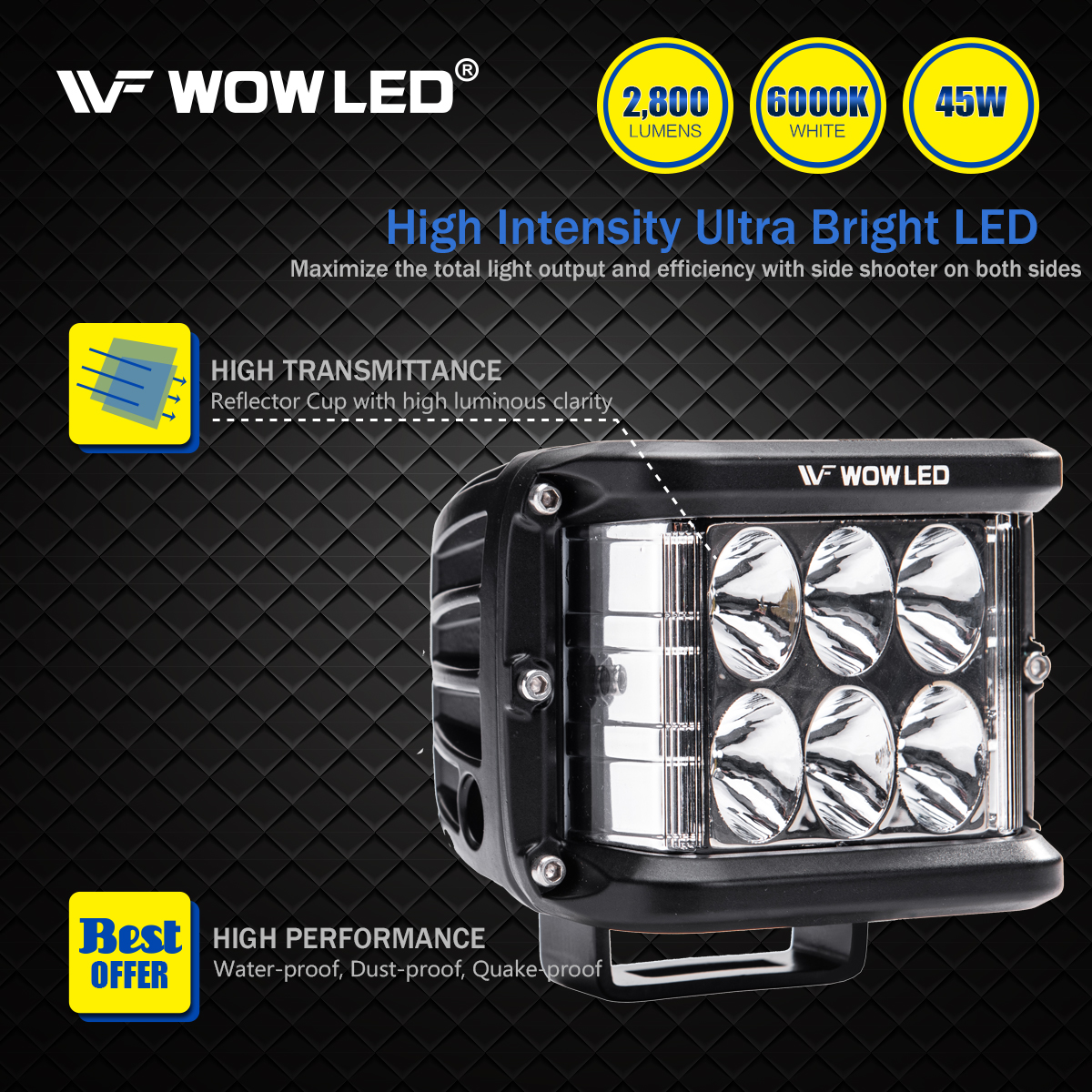 WOWLED Side Shooter LED Work Light, 2 Pack 5 Inch 45W LED Cube Work Lights Offroad Driving Spot Flood Fog Light Bar with Side Shooter for 12V 24V 4WD Truck 4x4 Camping Light