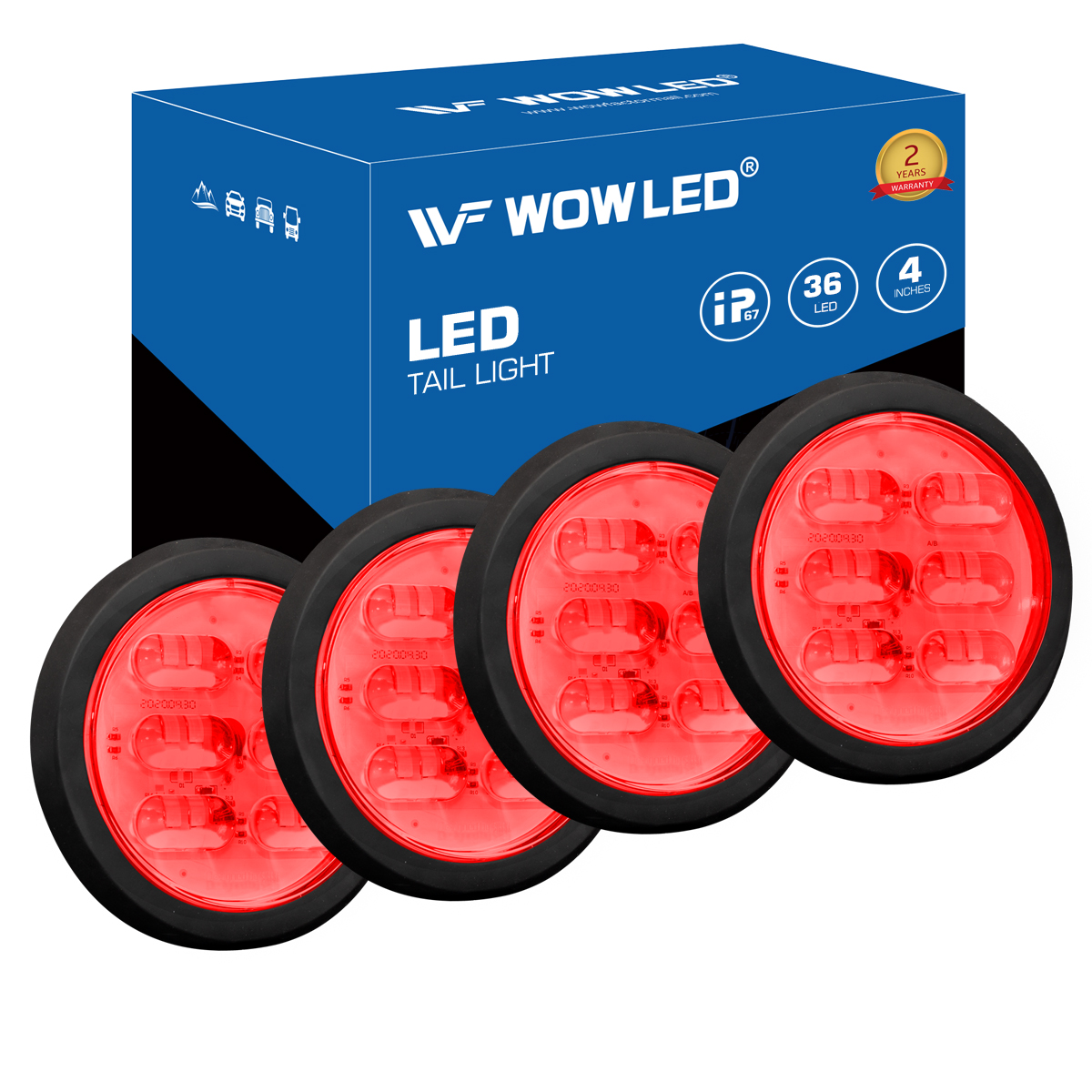 WOWLED 4Pcs 4 Inch Round Red LED Trailer Tail Lights, 36 LED Waterproof 4" Brake Stop Turn Tail Marker Trailer Lights, Flush Mount Rubber Grommet Design for Truck Trailer RV Boat UTE UTV 12V 24V