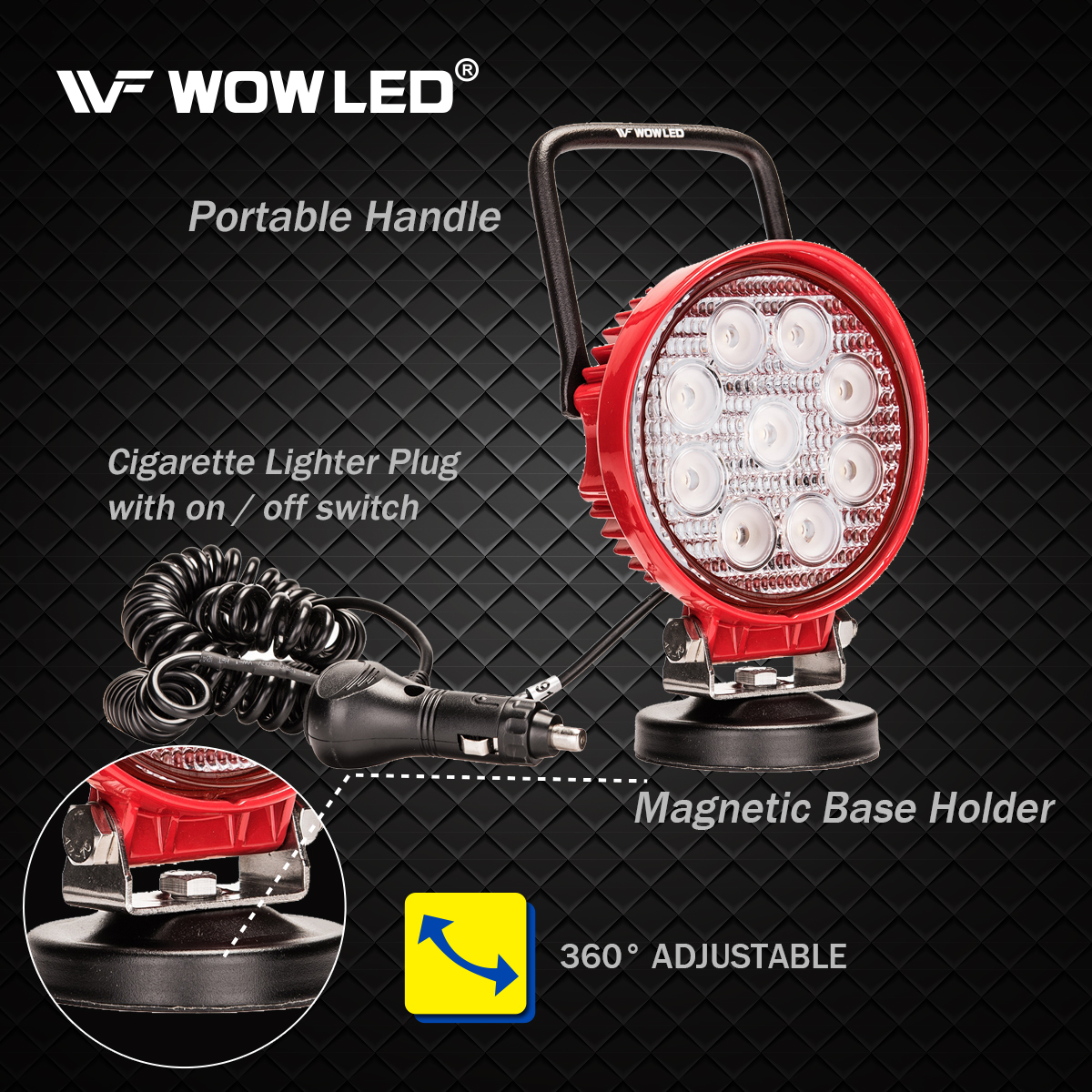 WOWLED 12V 24V 27W Red Round Magnetic Base LED Work Light Floodlight Offroad Driving Work Lamp Bar Flood Beam FogLight for Car Truck Boat 4X4 Camping Light Lamp
