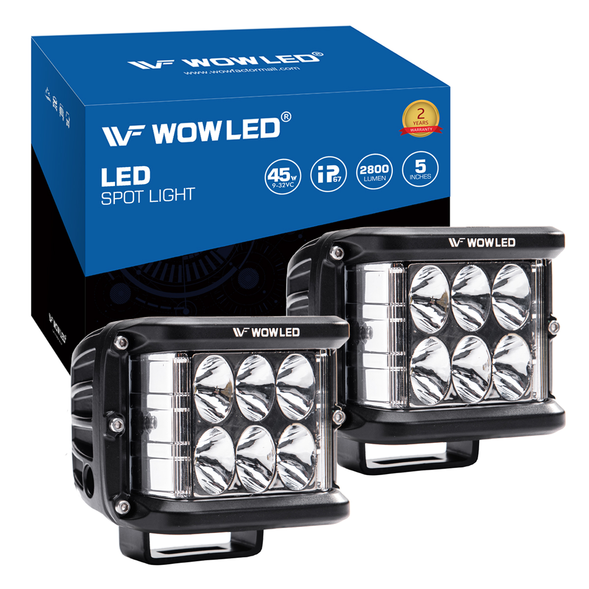 WOWLED Side Shooter LED Work Light, 2 Pack 5 Inch 45W LED Cube Work Lights Offroad Driving Spot Flood Fog Light Bar with Side Shooter for 12V 24V 4WD Truck 4x4 Camping Light