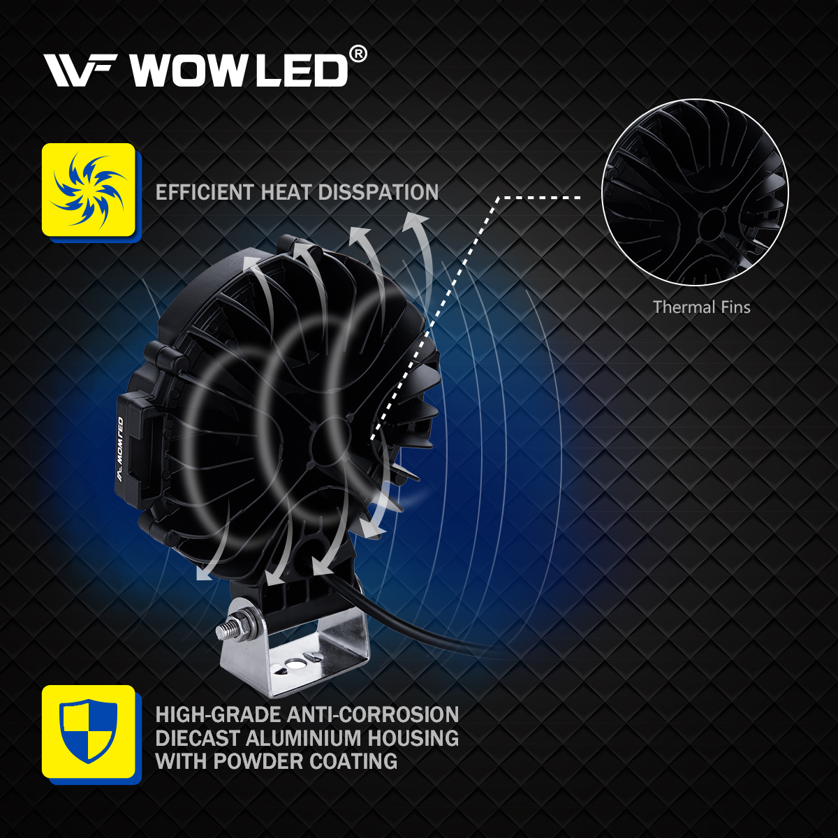 WOWLED 7inch Round LED Spot Light, 2 Pcs 51W 7inch LED Driving Light Spot Beam Work Lamp for Offroad SUV 4WD 4X4 Truck Boat