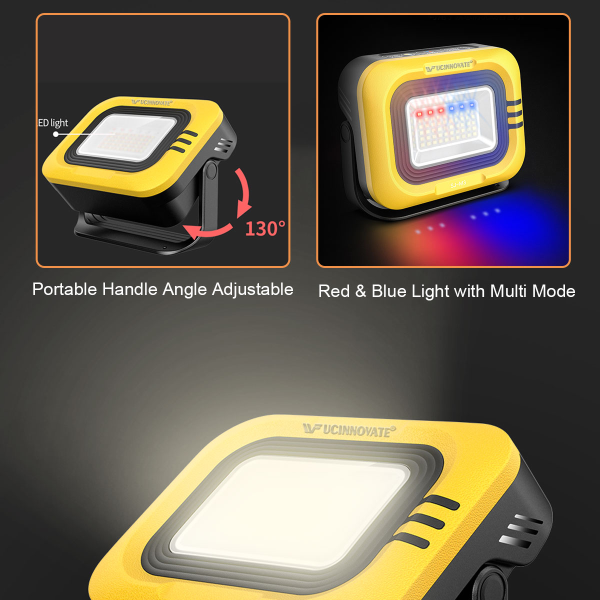 Portable USB & Solar Power Rechargeable LED Work Lights, Multi-Function Emergency Worklight Lamp White Light with Red & Blue Warning Light, 7500mA Power Bank Charger for Outdoor Camping Job Site