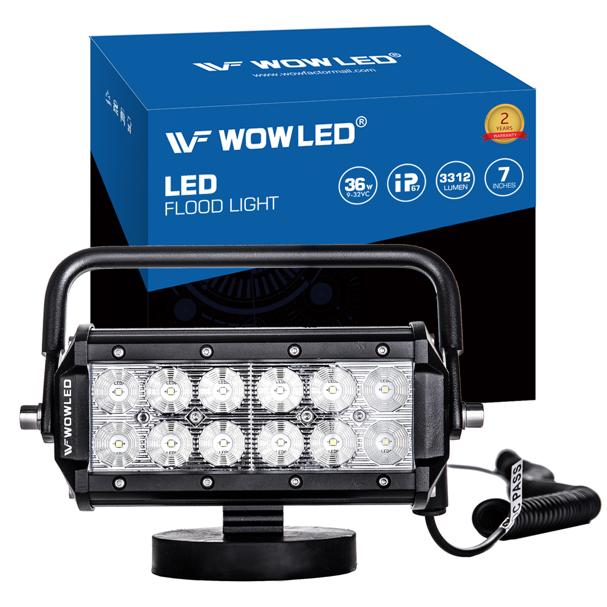 WOWLED Portable 36W Floodlight Magnetic Base LED Light Bar Offroad Driving Work Lamp Bar Flood Beam for Truck Car Boat Bar 4X4 Camp Light Lamp 12V 24V Fog Light Bar