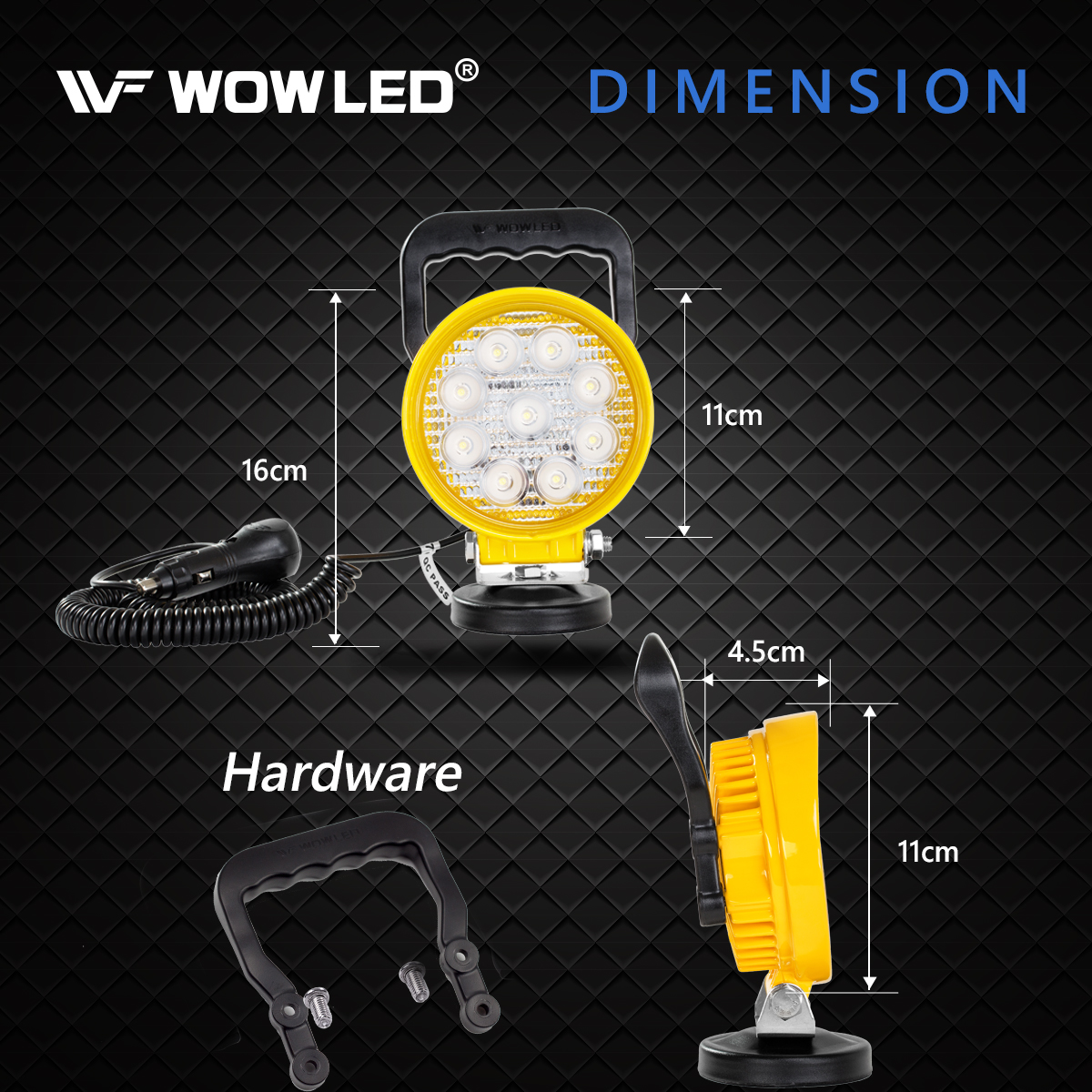 WOWLED Magnetic LED Light Bar with Base, Cigarette Lighter Powered Work Light, 27W Portable Flood Beam Lamp for Truck Tractor Trailer Car Off-Road Boat Engineering Vehicle Maintenance Camping, Round