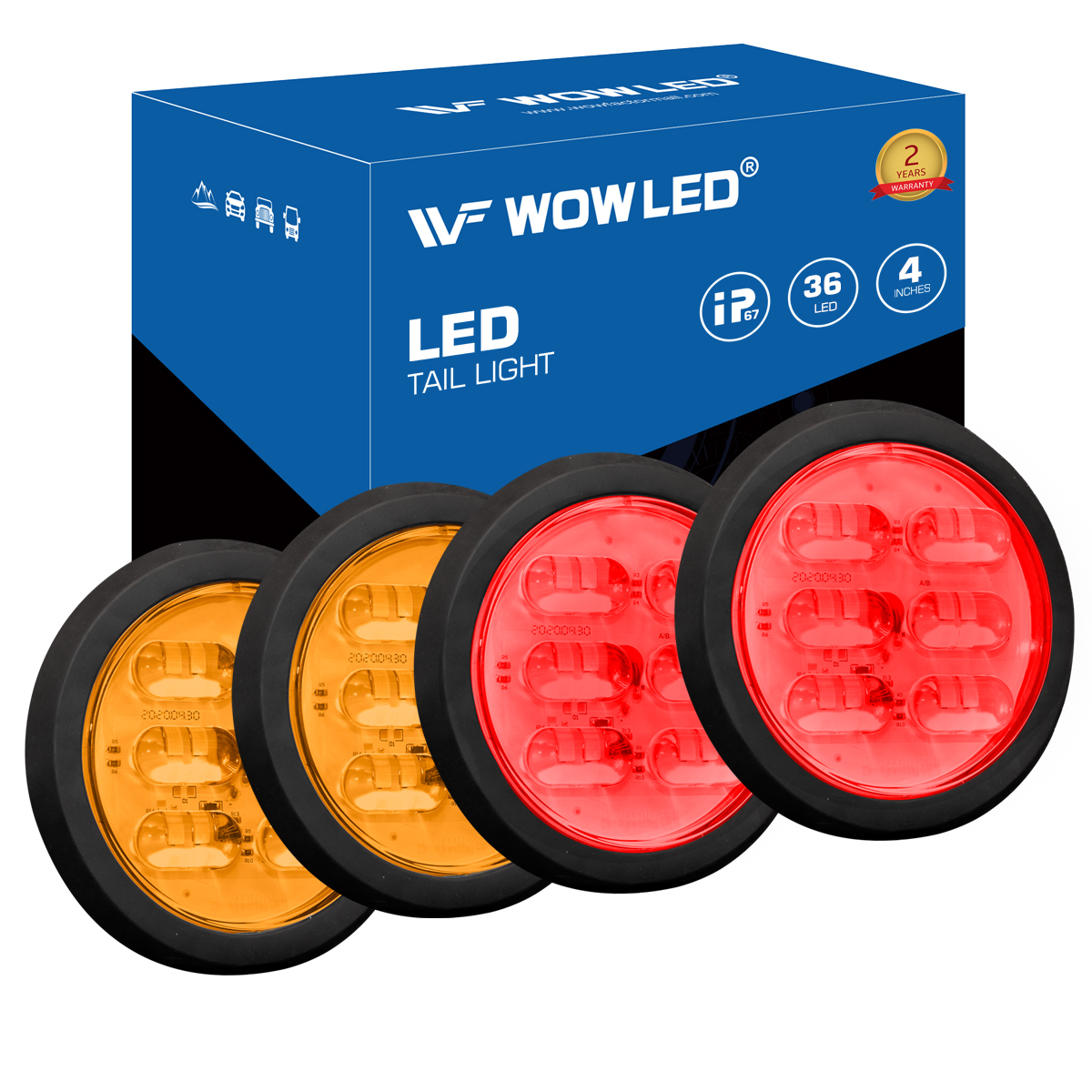 WOWLED 4Pcs 4 Inch Round Led Trailer Tail Lights Kit, 2 Pack Red + 2 Pack Amber LED Waterproof Grommet 4" Brake Stop Turn Tail Marker Trailer Lights for Truck RV Boat UTE UTV 12V 24V