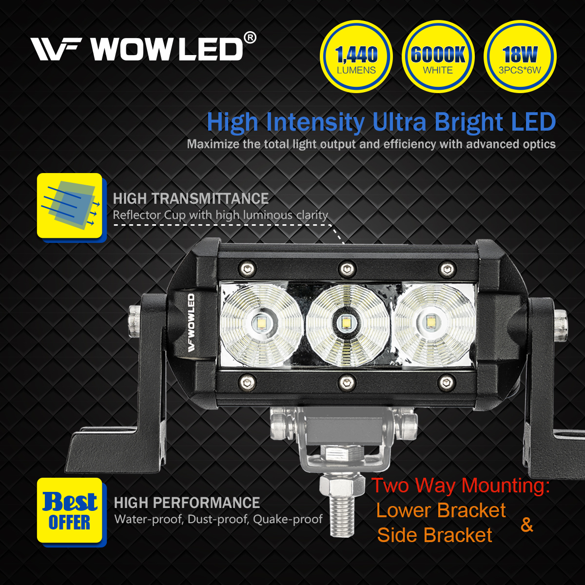 WOWLED High-end LED Work Light Bars, New 4 Inch 18W Flood Beam LED Pods Light Bars, Off Road Driving Fog Waterproof LED Work Lights for SUV ATV UTV 4x4 Pickup Truck Jeep Boat Car 12V 24V
