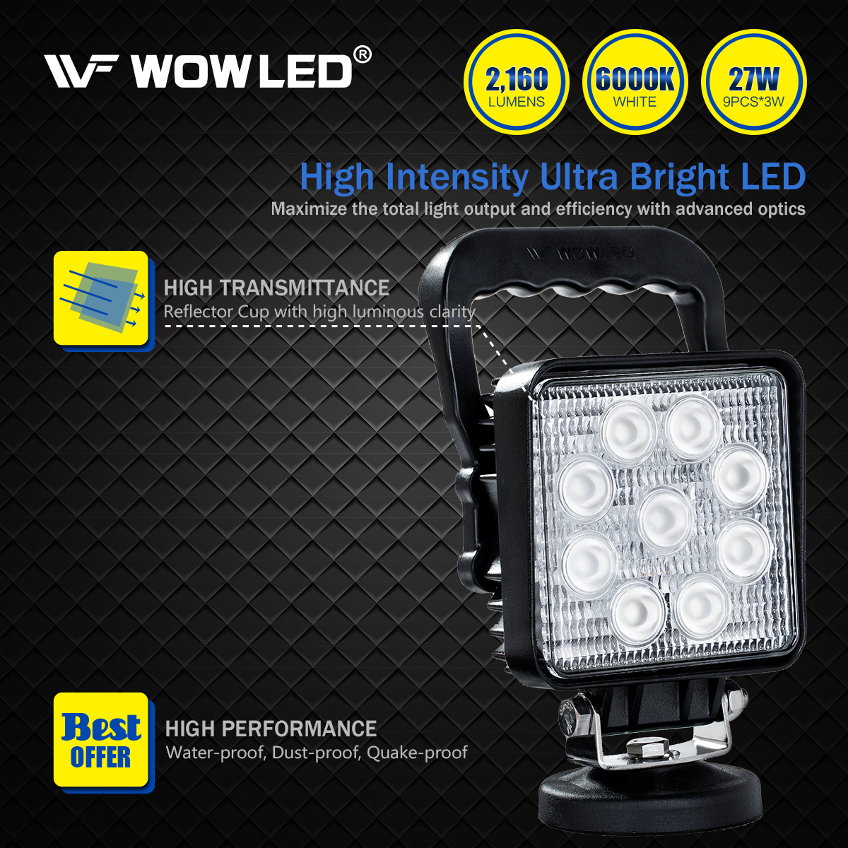 WOWLED 27W Portable LED Work Light Flood Lamp with Magnetic Base for Car, Off-Road, Truck, Boat, Tractor, Truck, Engineering Vehicle, Maintenance, Camping Light DC 9-32V …
