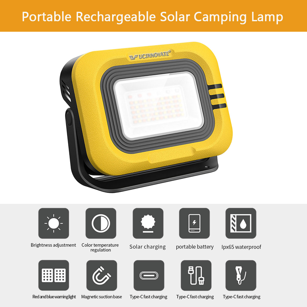 Portable USB & Solar Power Rechargeable LED Work Lights, Multi-Function Emergency Worklight Lamp White Light with Red & Blue Warning Light, 7500mA Power Bank Charger for Outdoor Camping Job Site