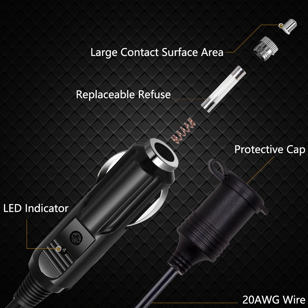 WOWLED Cigarette Lighter Extension Cord 10ft, 8A Pure Copper Core Wire, 12V/24V Car Charger DC Power Plug Cable
